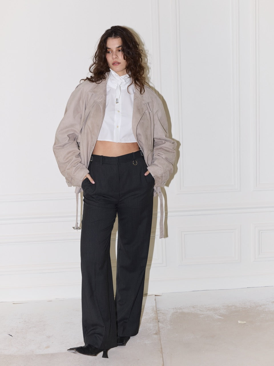 GEORGIO pinstripe suit trousers, straight-leg, front view on model