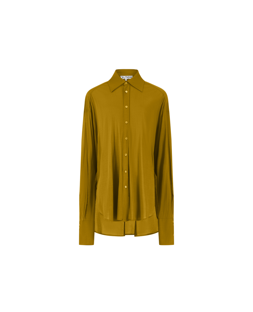 DOM silk crêpe georgette shirt, ocher color, oversized fit, front view
