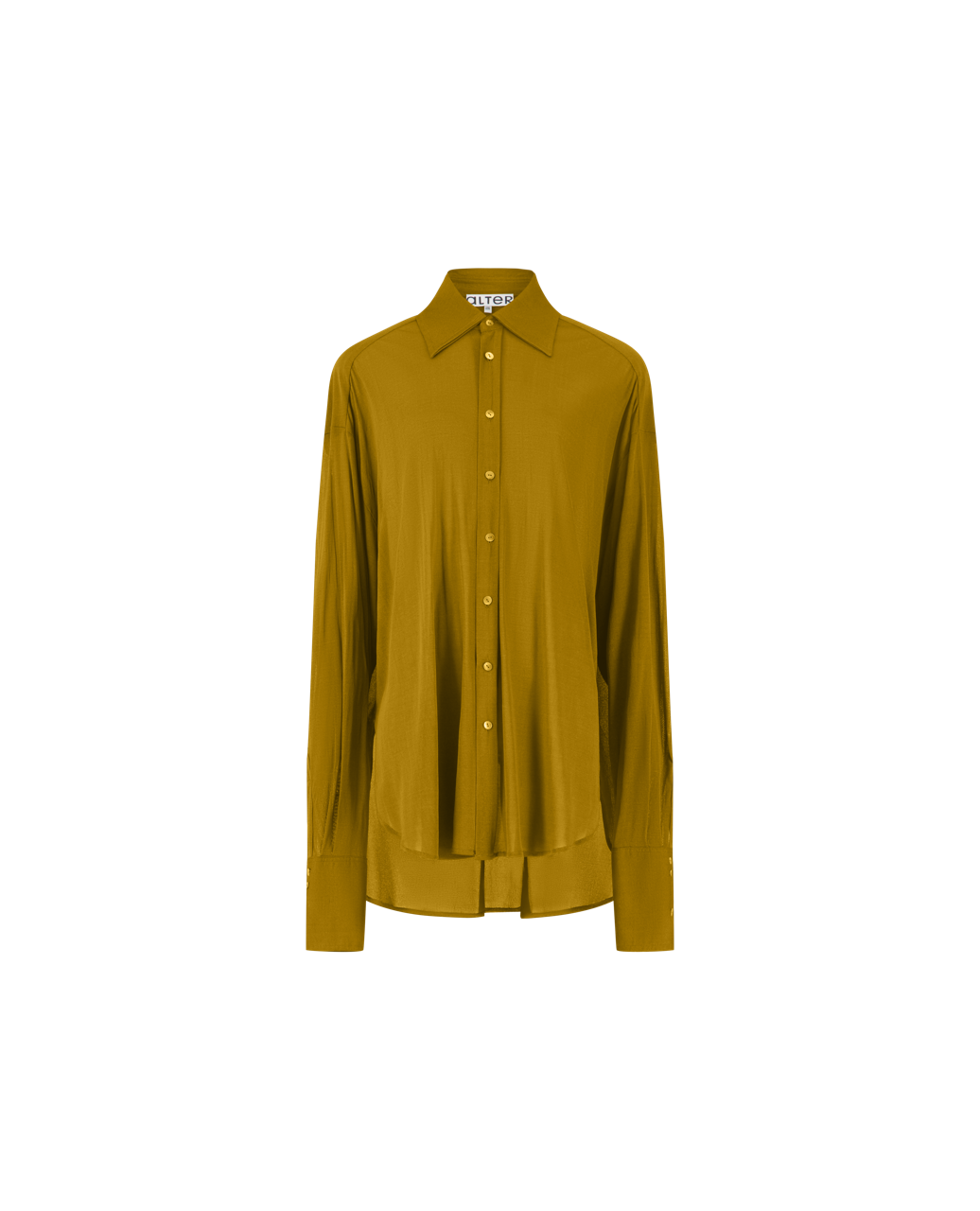 DOM silk crêpe georgette shirt, ocher color, oversized fit, front view