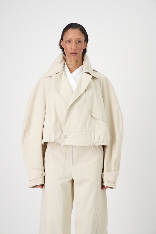 CARAVEL cotton gabardine trench coat, mid-length front view on model