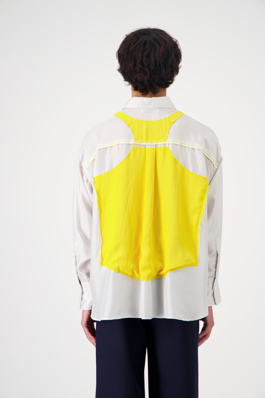 DOM silk patchwork shirt with trompe-l'œil appliqué, back view on man model