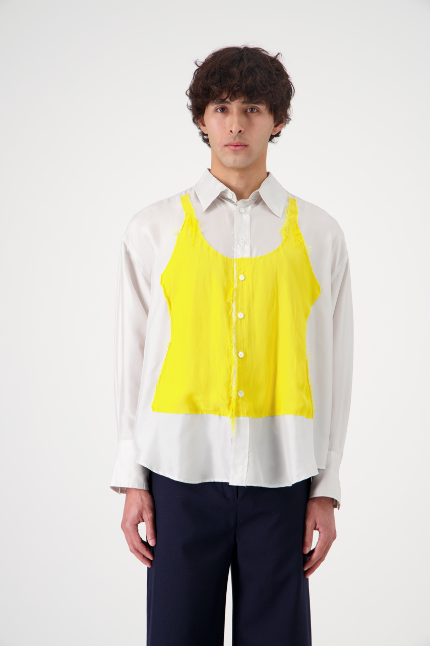 DOM silk patchwork shirt with trompe-l'œil appliqué, front view on man model