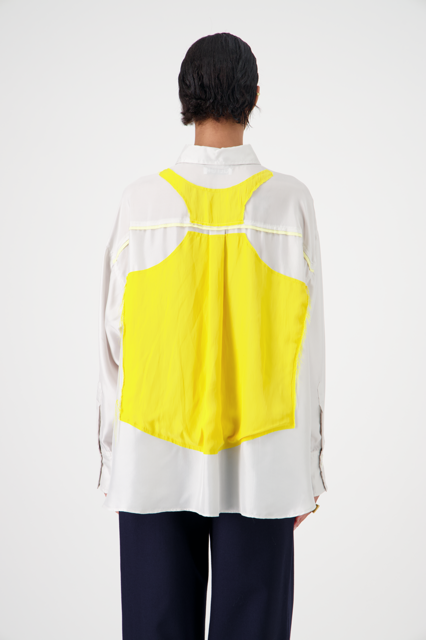 DOM silk patchwork shirt with trompe-l'œil appliqué, back view on woman model