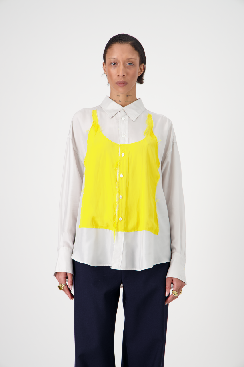 DOM silk patchwork shirt with trompe-l'œil appliqué, front view on woman model