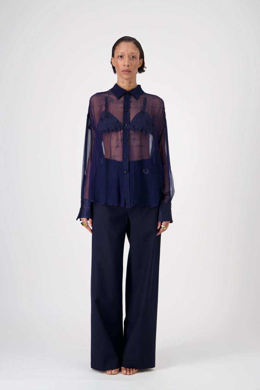 DOM silk shirt with trompe-l'œil appliqué, navy blue, front view on model