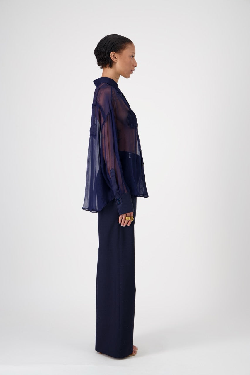 DOM silk shirt with trompe-l'œil appliqué, navy blue, side view on model