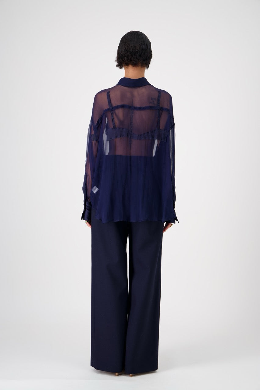 DOM silk shirt with trompe-l'œil appliqué, navy blue, back view on model