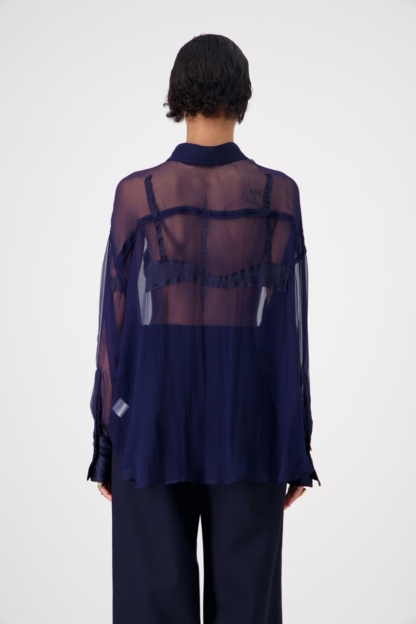 DOM silk shirt with trompe-l'œil appliqué, back view on model