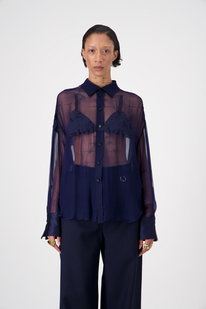 DOM silk shirt with trompe-l'œil appliqué, front view on model