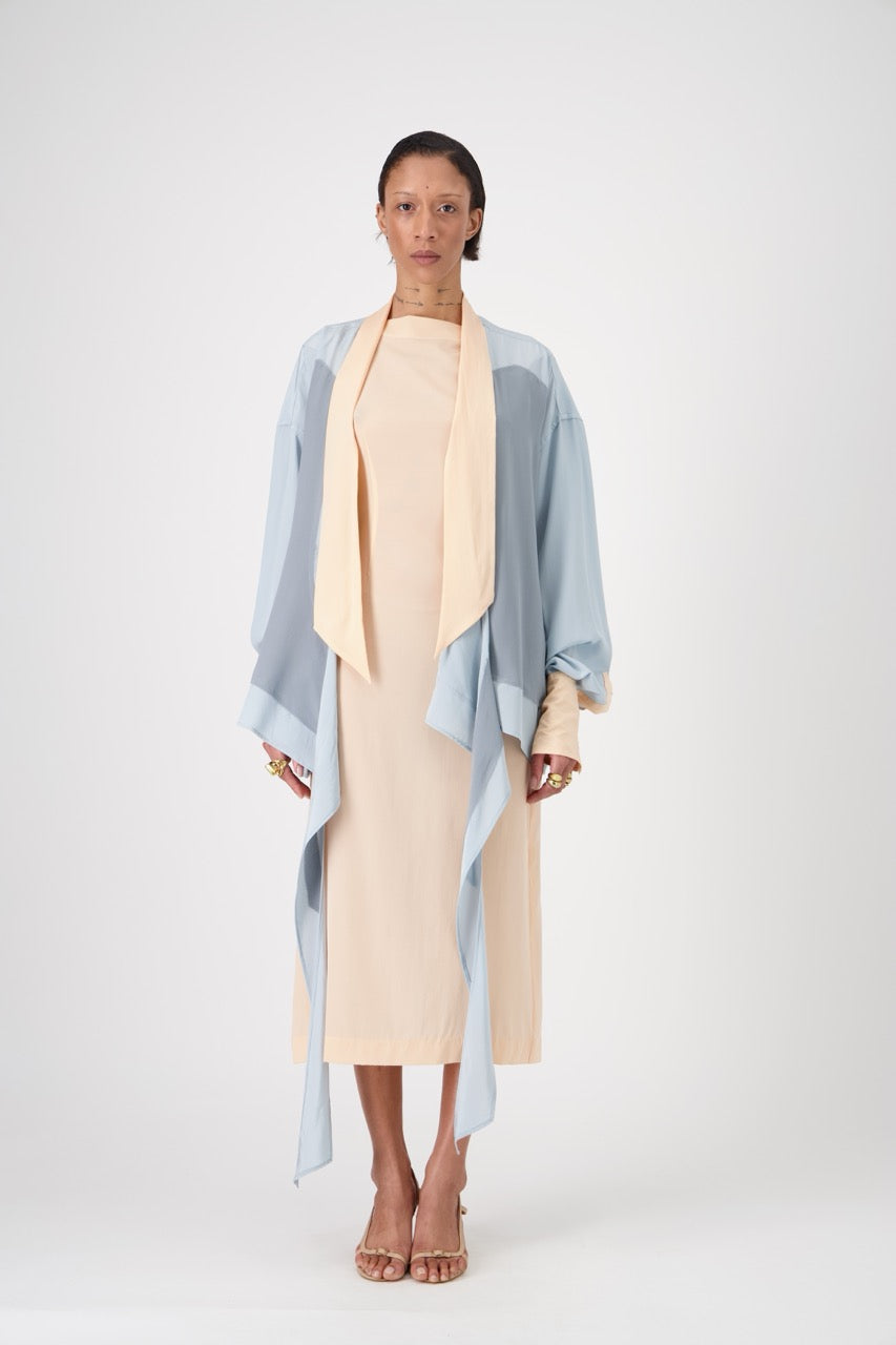 LAVA silk top with lavallière knot collar, front view on model, open