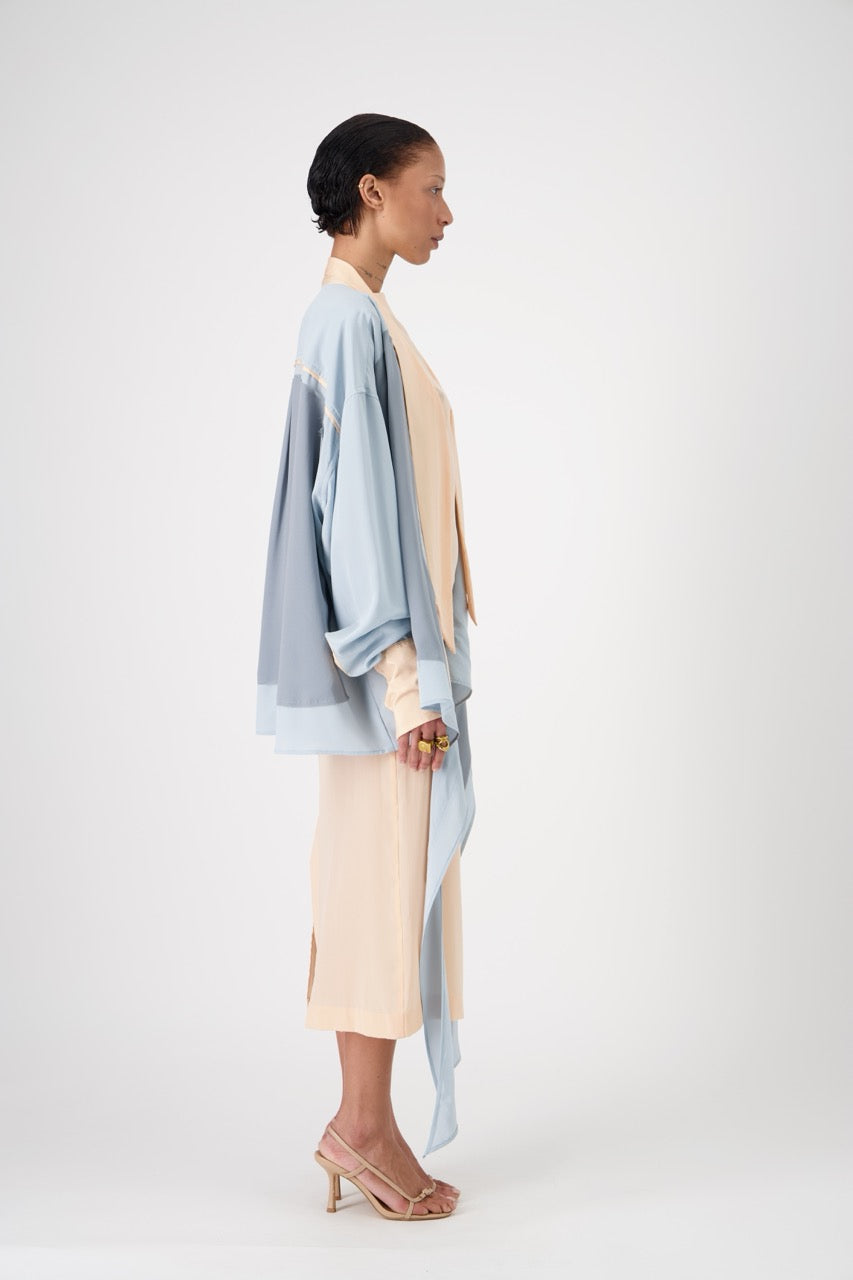 LAVA silk top with lavallière knot collar, large side view on model