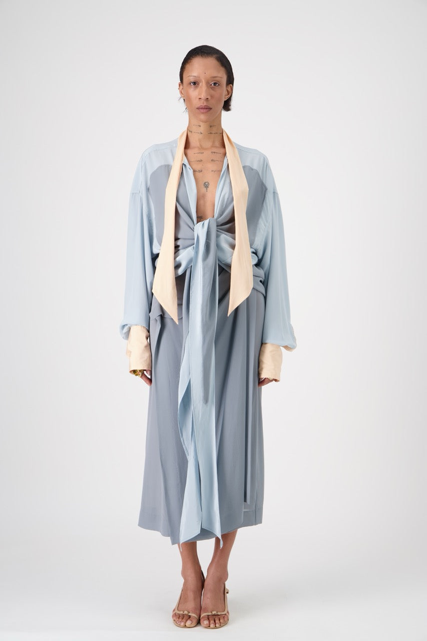 LAVA silk top with lavallière knot collar, front view on model, closed