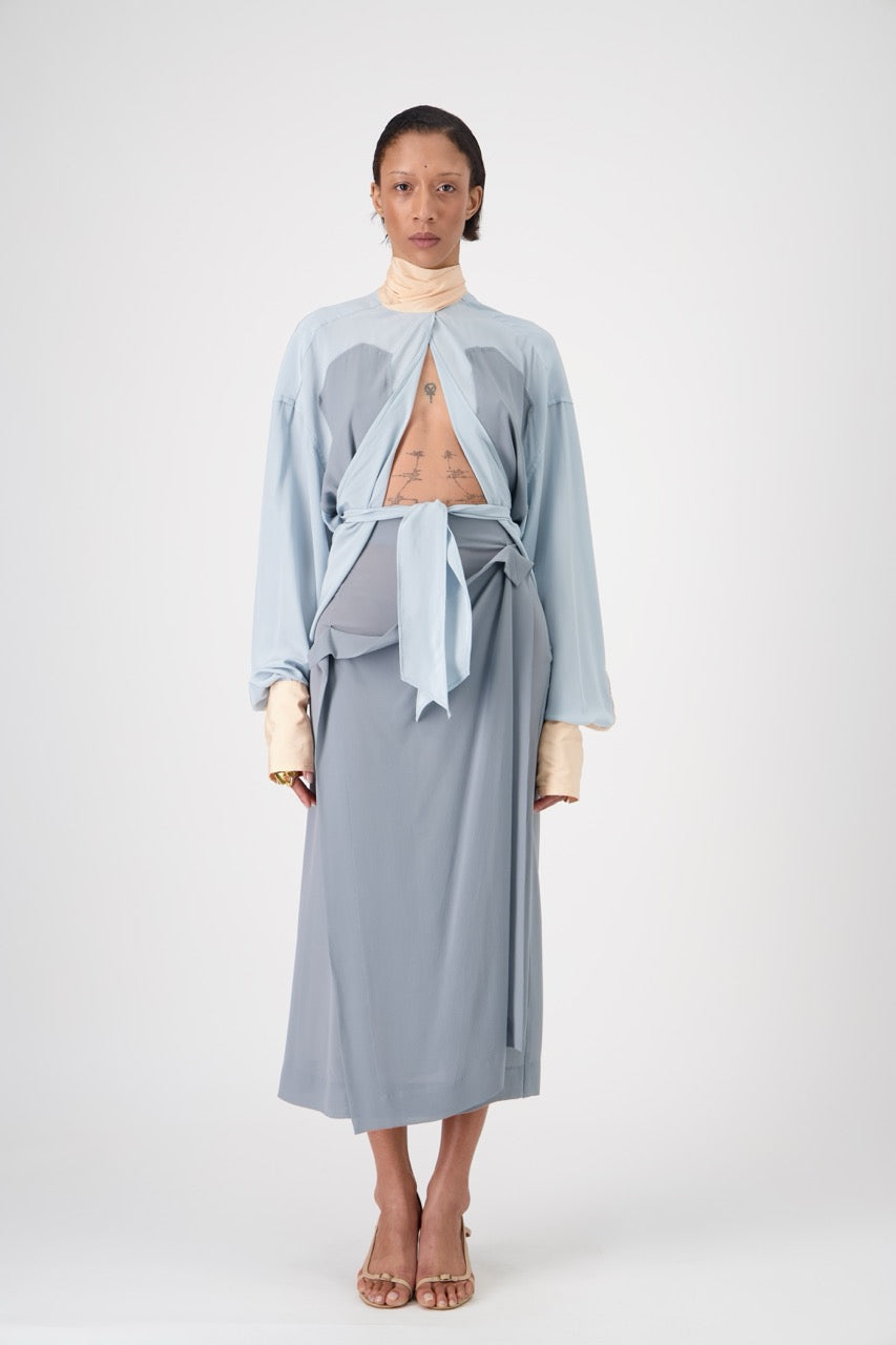 LAVA silk top with lavallière knot collar, large front view on model