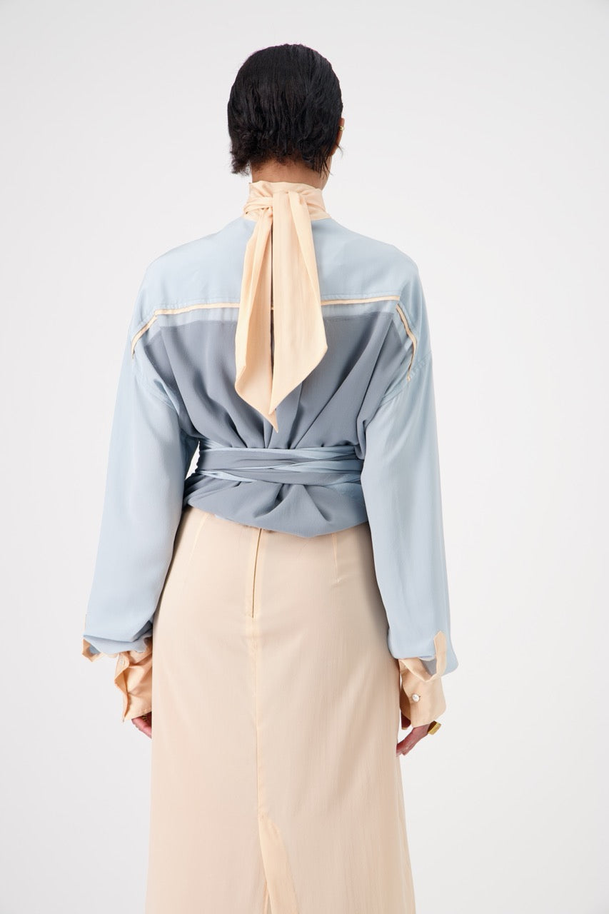 LAVA silk top with lavallière knot collar, front view on model, back view with knots