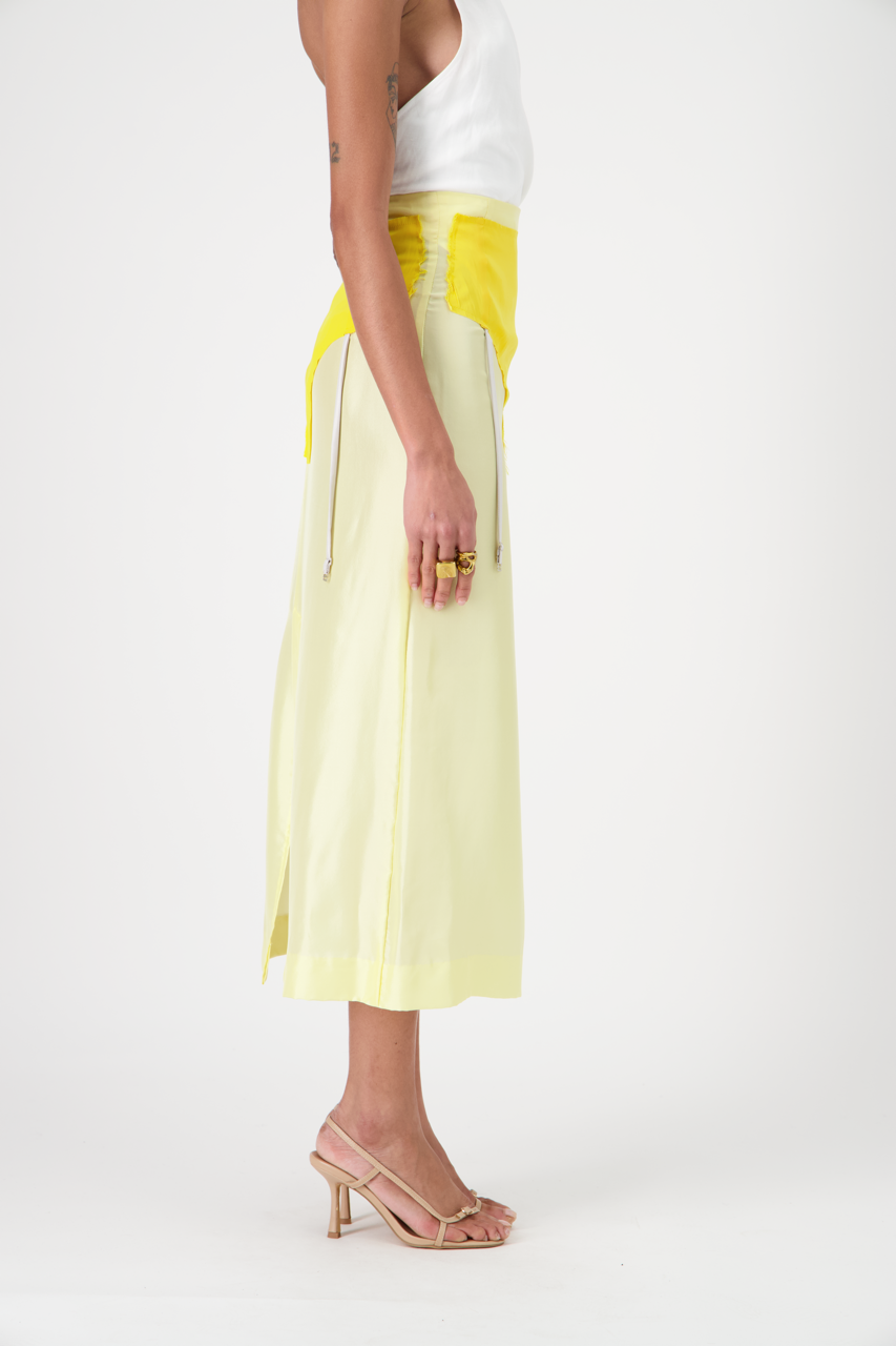 LENNA silk patchwork high-waisted skirt, side view on model