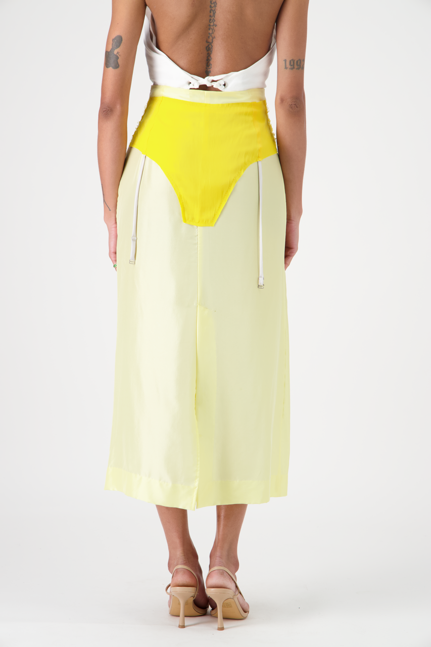 LENNA silk patchwork high-waisted skirt, back view on model