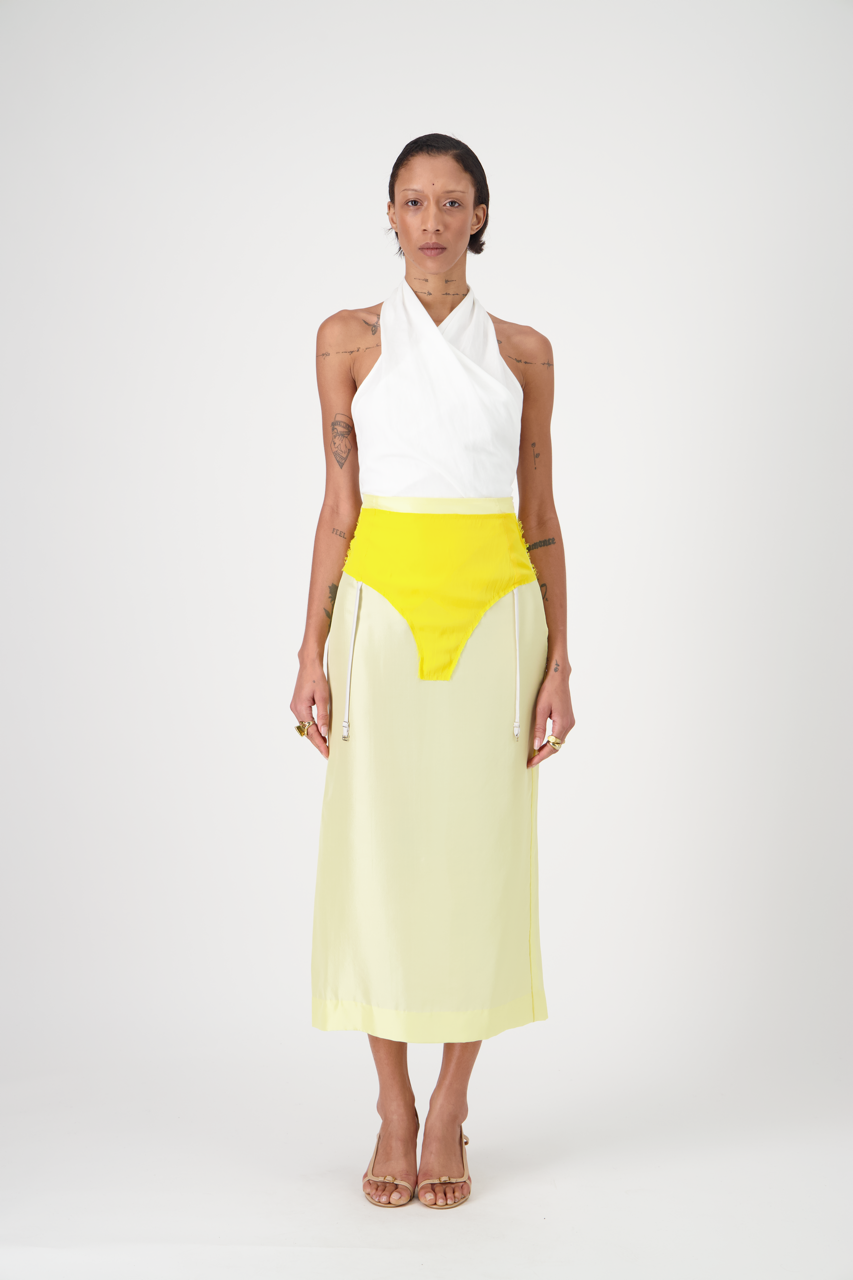 LENNA silk patchwork high-waisted skirt, front view on model