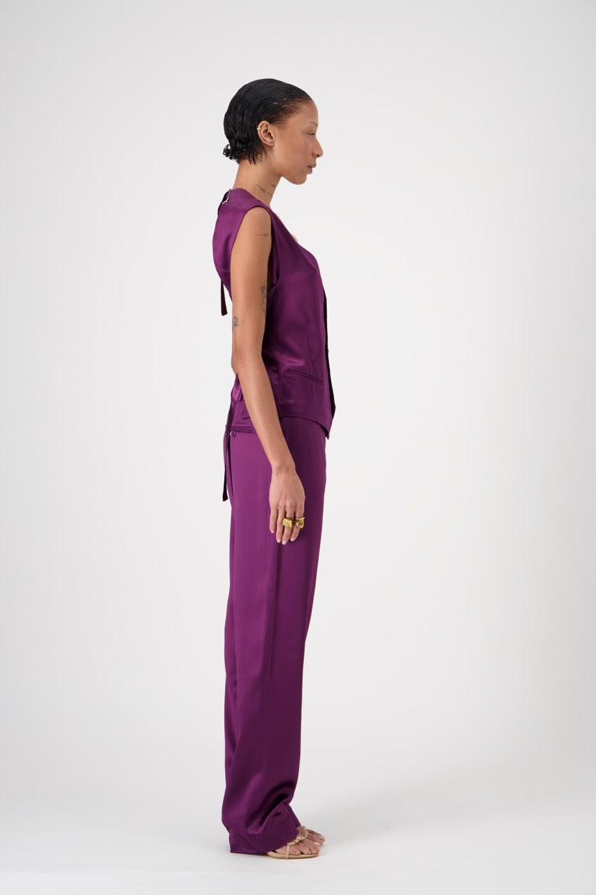NICOLE viscose satin sleeveless suit jacket, backless, side view on model