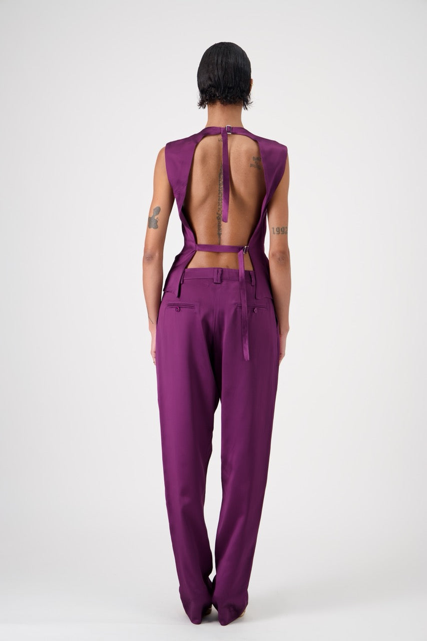 NICOLE viscose satin sleeveless suit jacket, backless, back view on model