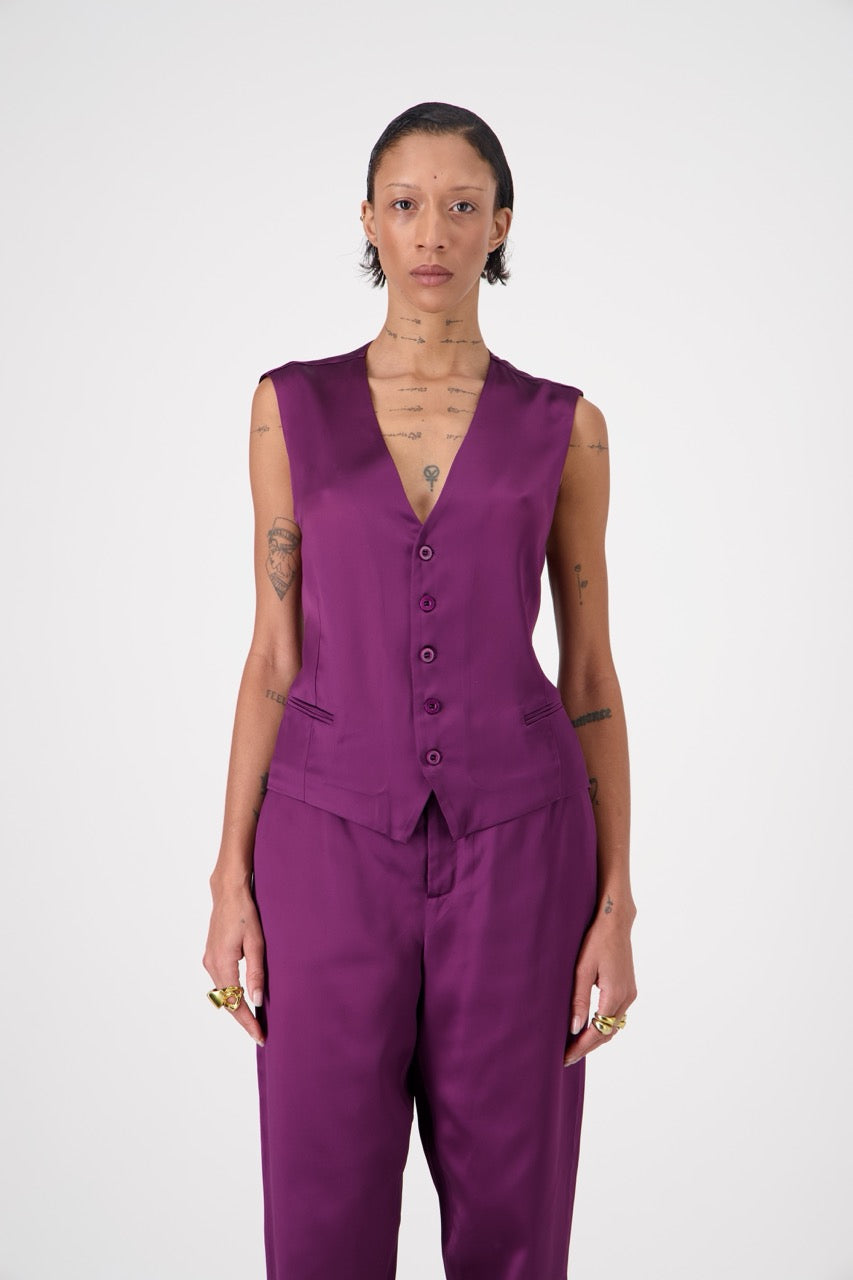 NICOLE viscose satin sleeveless suit jacket, backless, front view on model