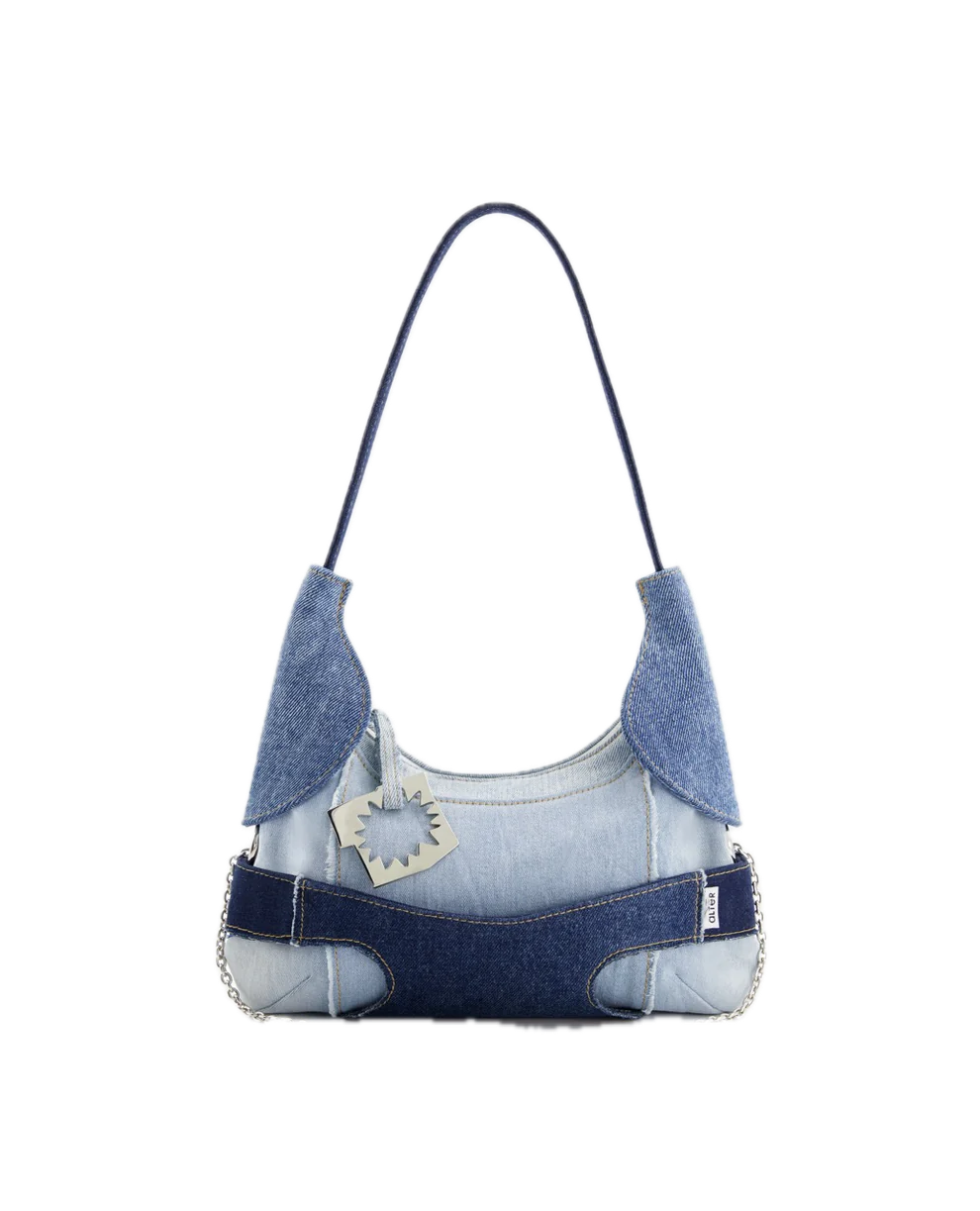 CULOTTE bag in denim, mid-length handle, Alter Designs signature accessory, front view