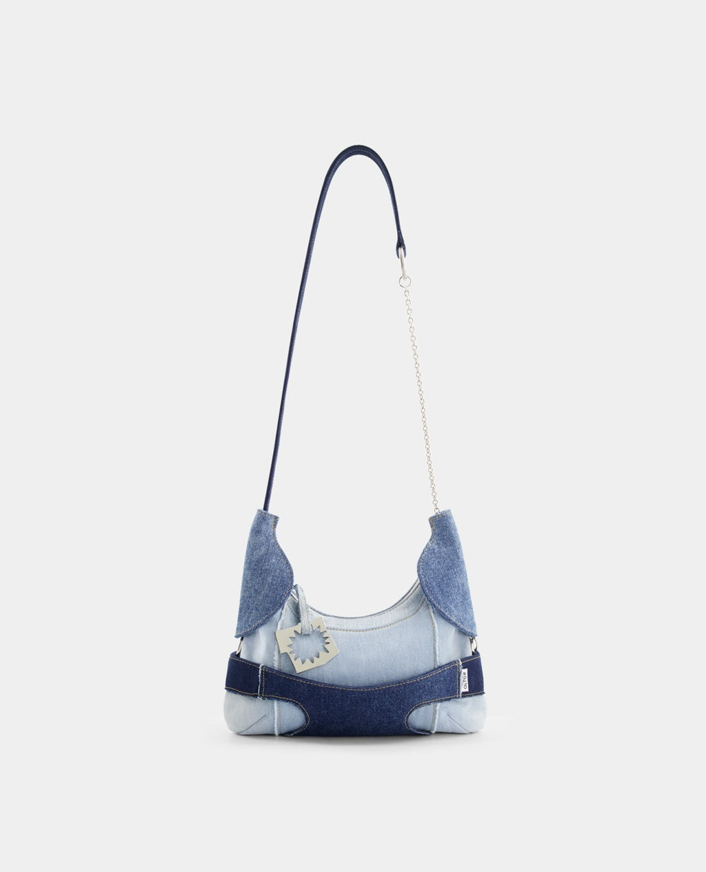 CULOTTE bag in denim, long-length handle, Alter Designs signature accessory, front view
