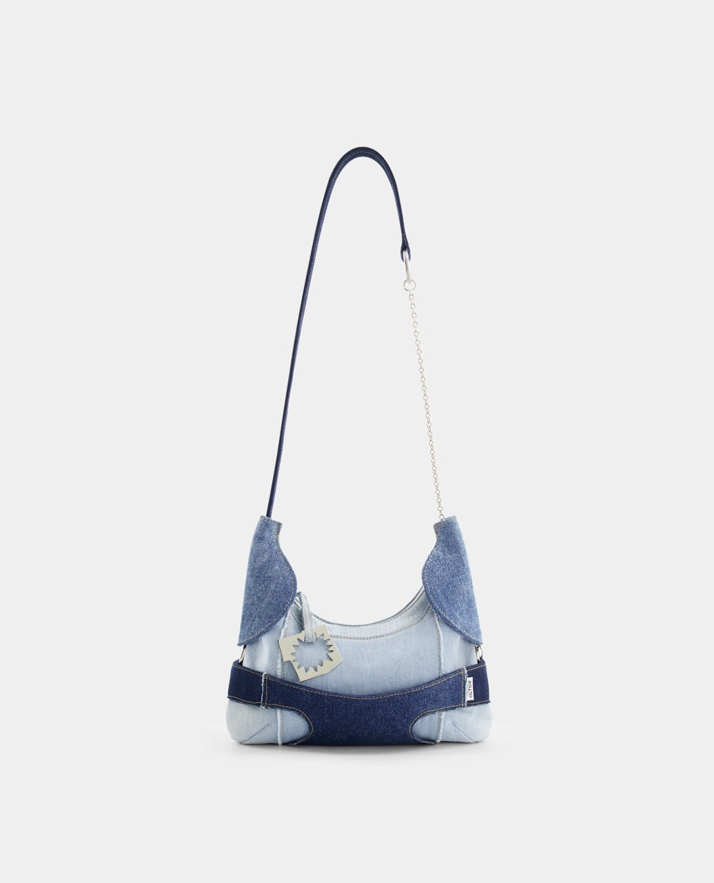 CULOTTE bag in denim, long-length handle, Alter Designs signature accessory, front view