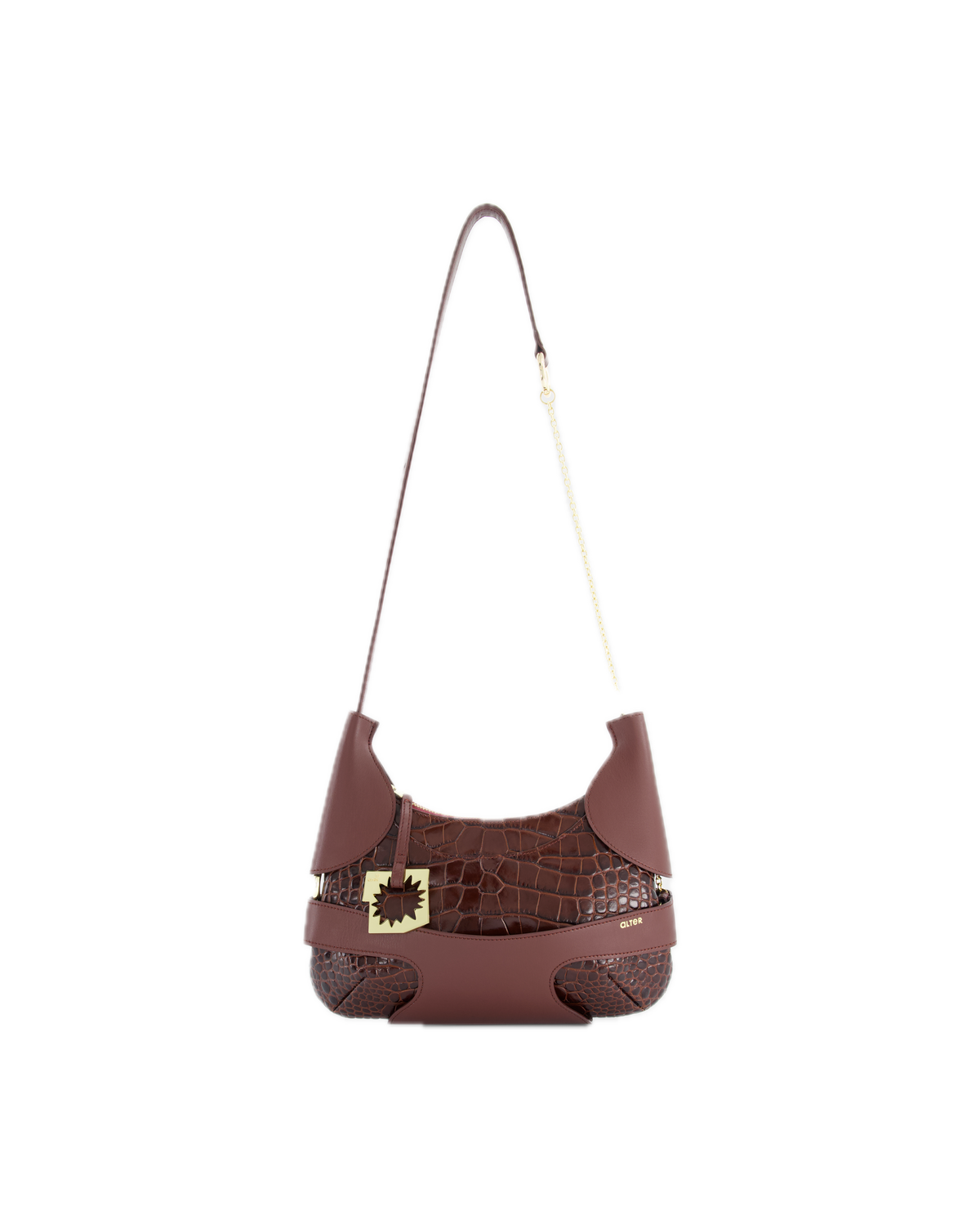 CULOTTE bag in leather, long-length handle, Alter Designs signature accessory, front view