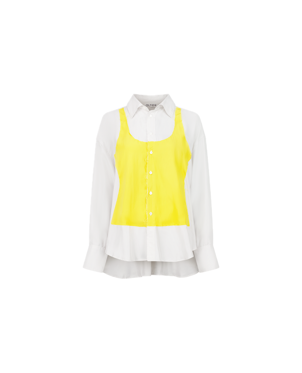 DOM silk patchwork shirt with trompe-l'œil appliqué, front view