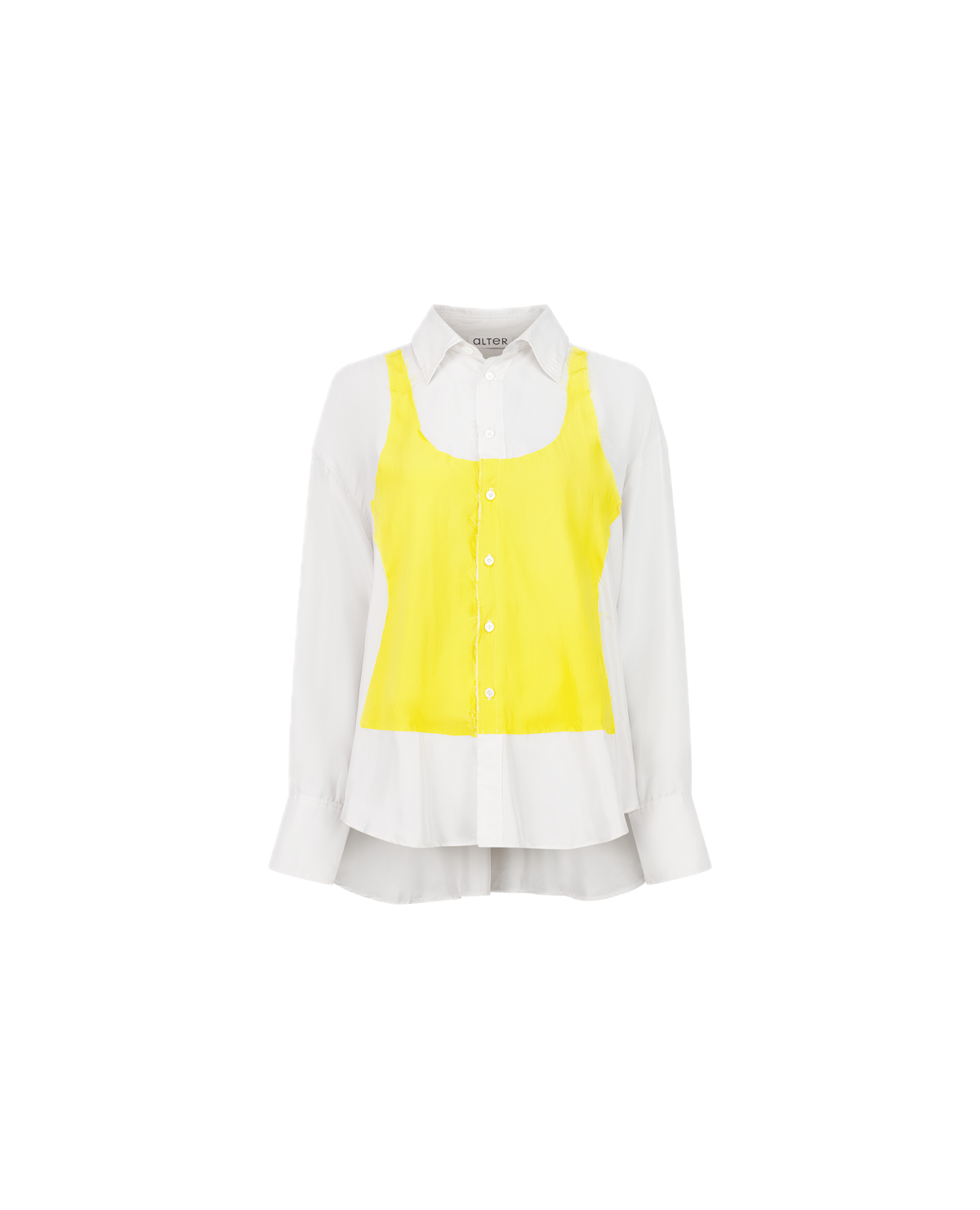 DOM silk patchwork shirt with trompe-l'œil appliqué, front view