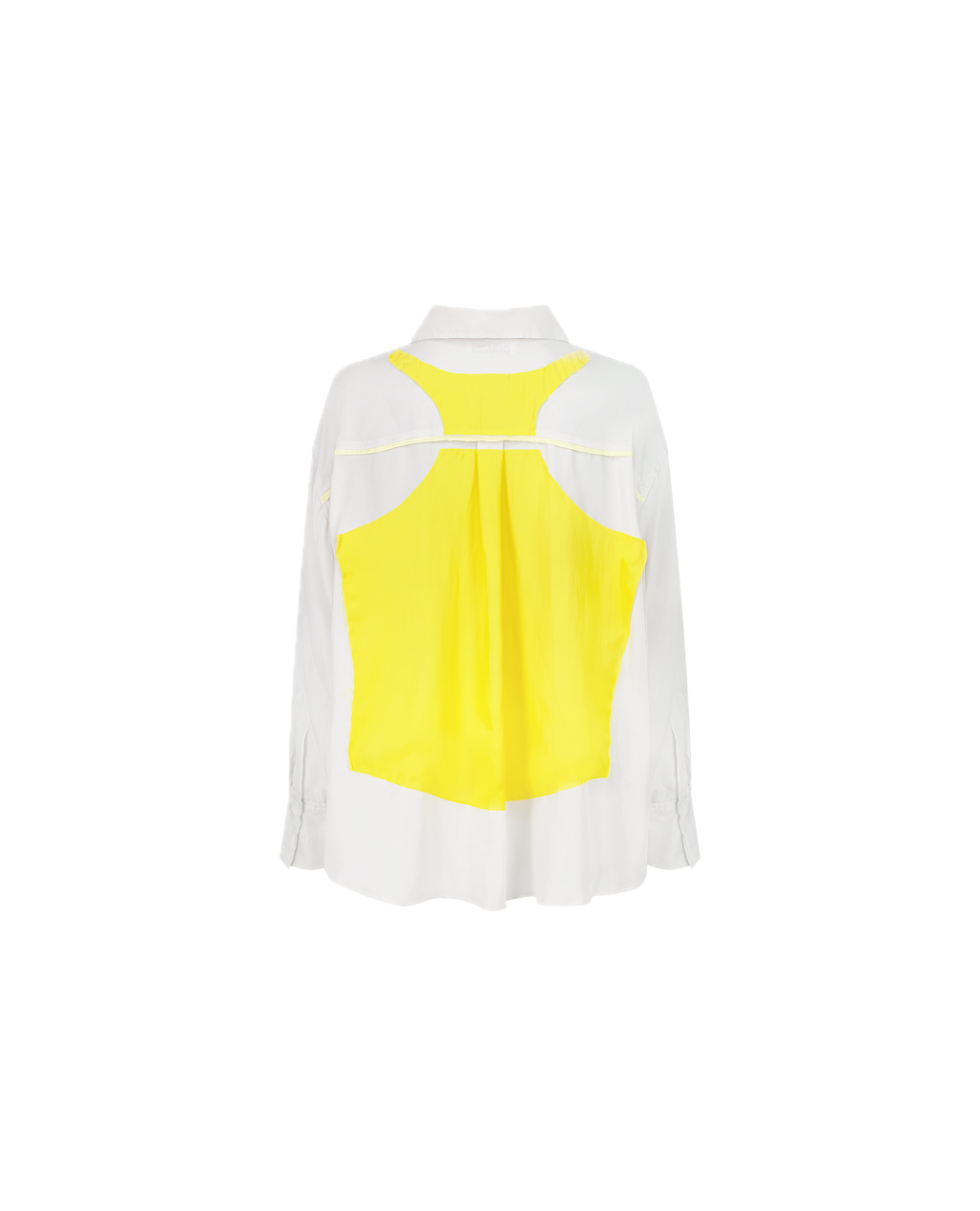 DOM silk patchwork shirt with trompe-l'œil appliqué, back view