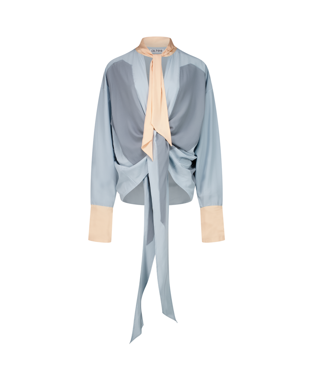 LAVA silk top with lavallière knot collar, front view