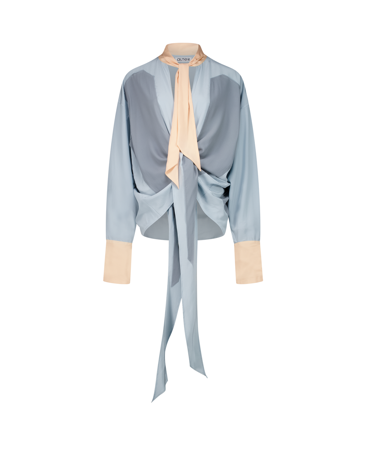 LAVA silk top with lavallière knot collar, front view