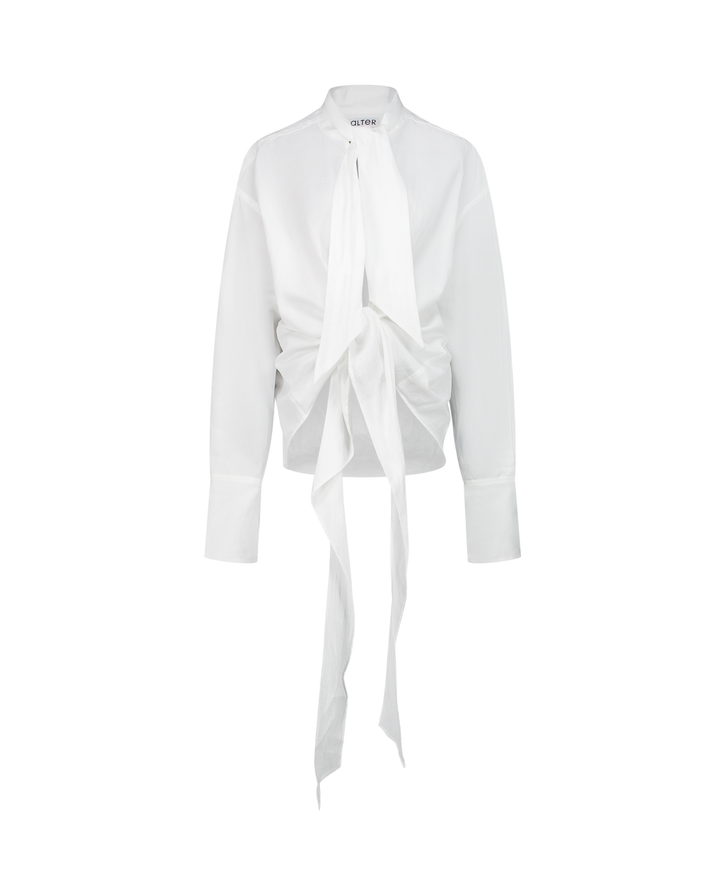 LAVA white cotton-linen canvas top with lavallière collar, front view