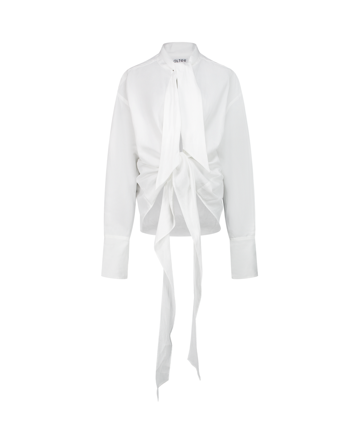 LAVA white cotton-linen canvas top with lavallière collar, front view