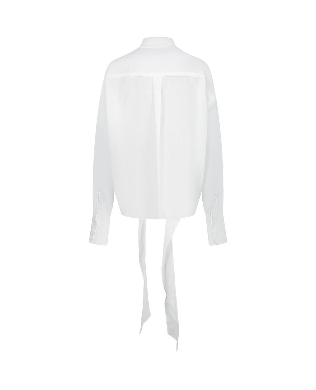 LAVA white cotton-linen canvas top with lavallière collar, back view on model