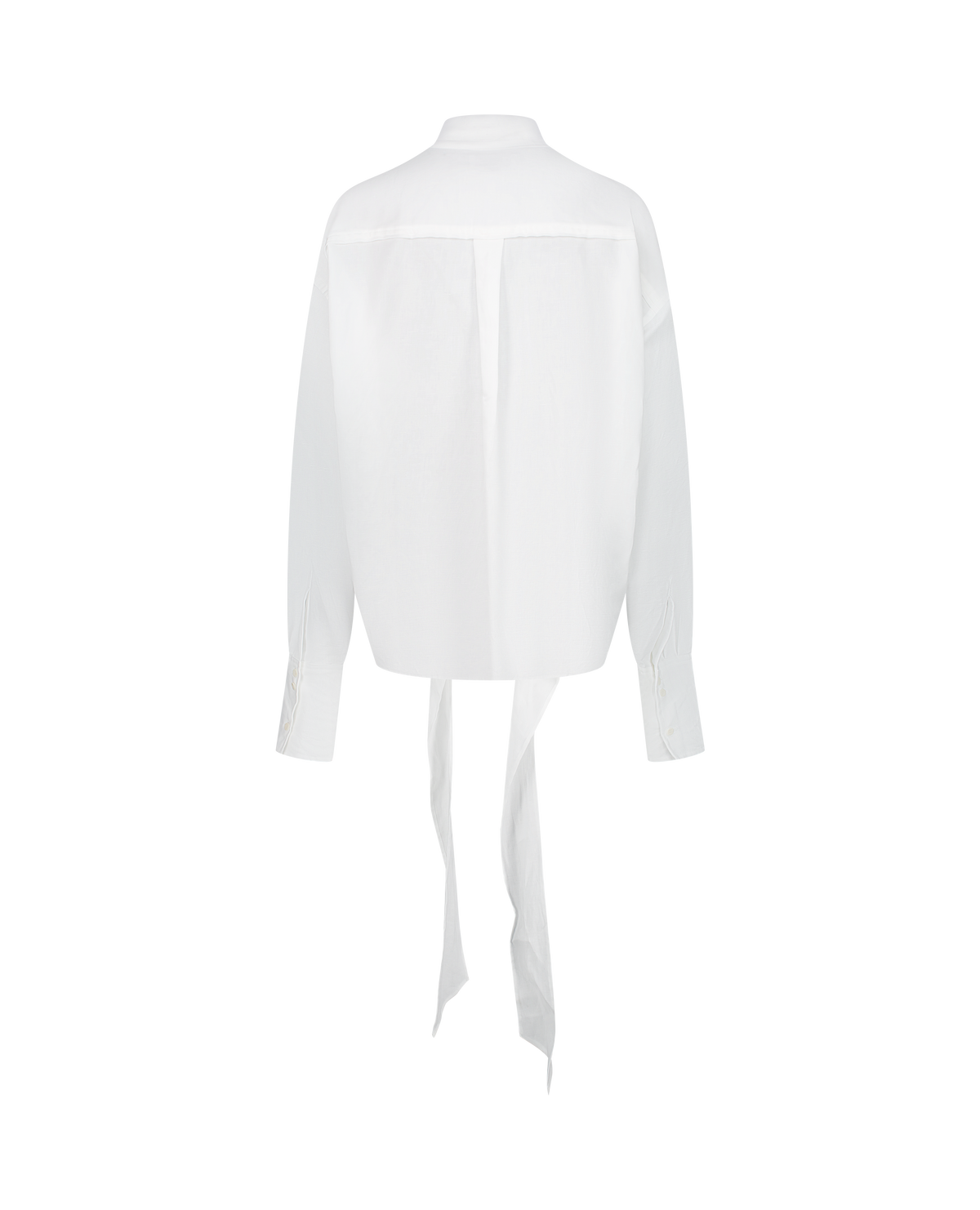 LAVA white cotton-linen canvas top with lavallière collar, back view on model