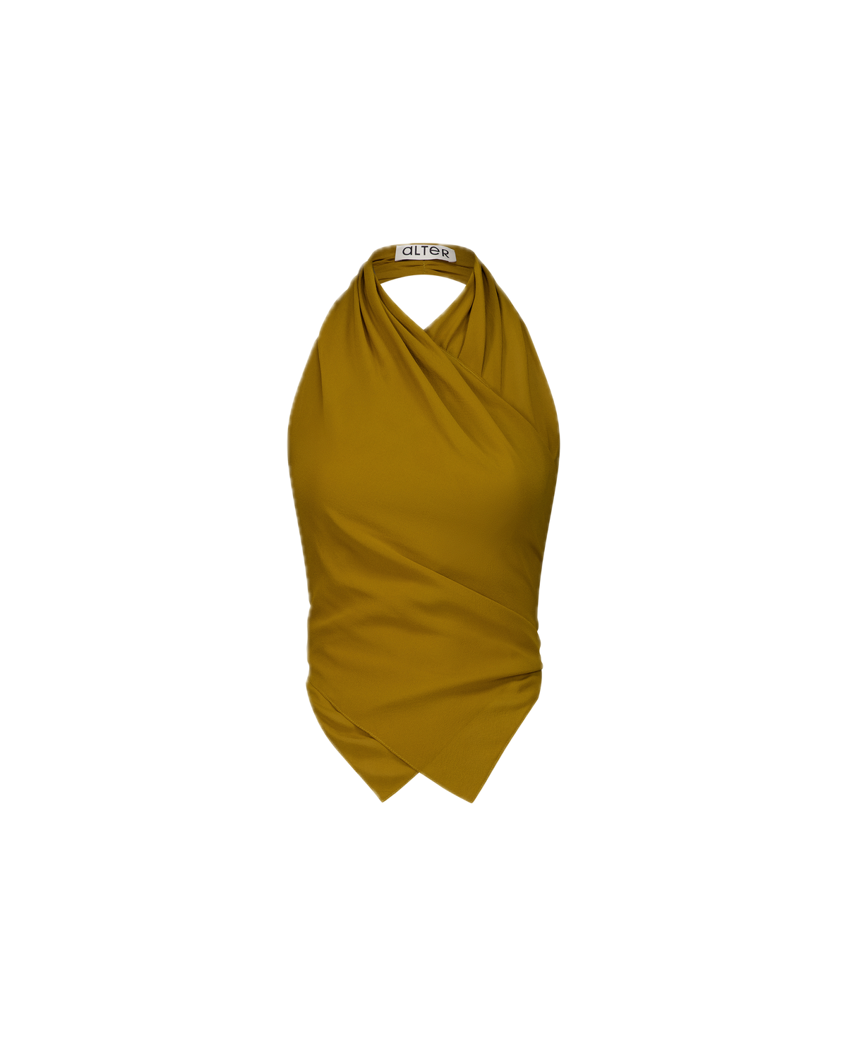 PIPAS golden brown silk crêpe backless wrap top, front view 
