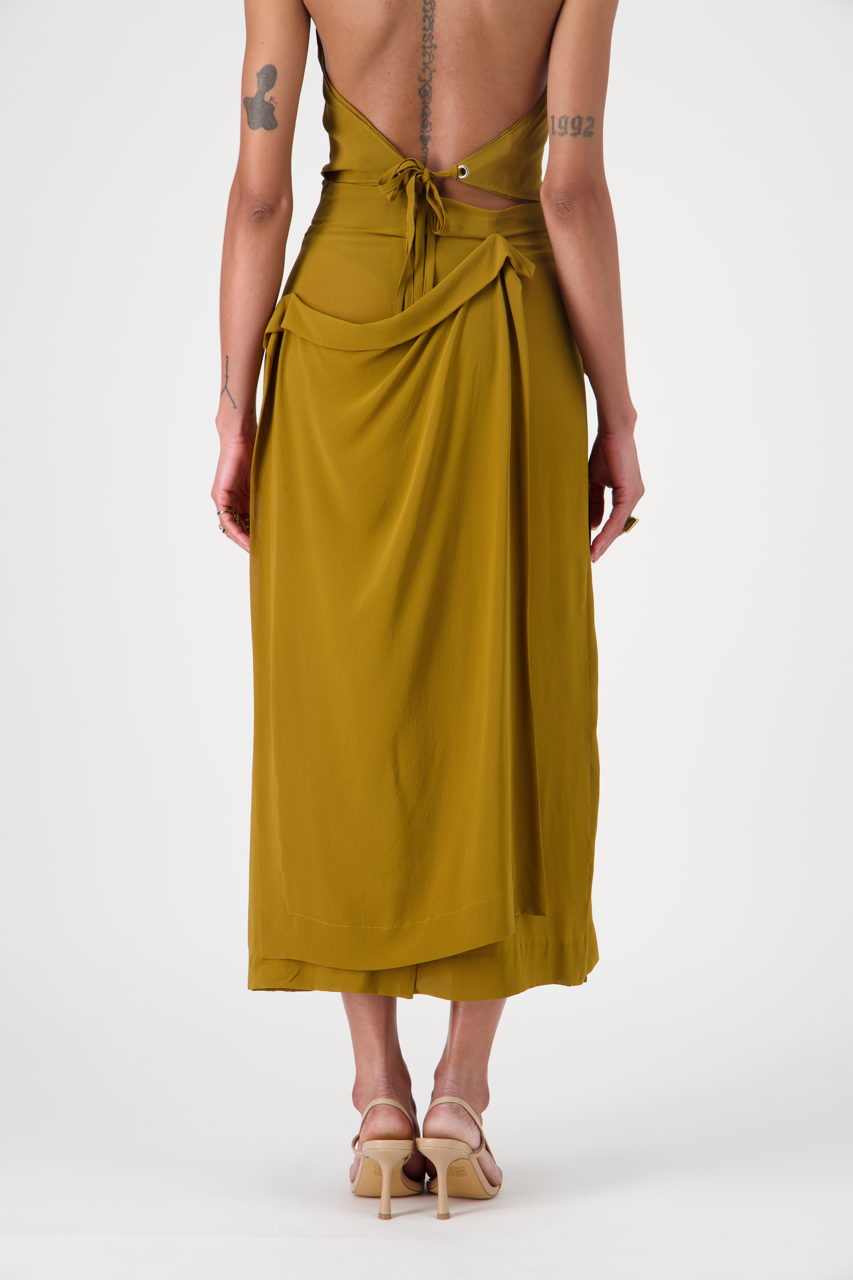 LENNA silk crêpe georgette high-waisted skirt, golden brown, back view on model, close view