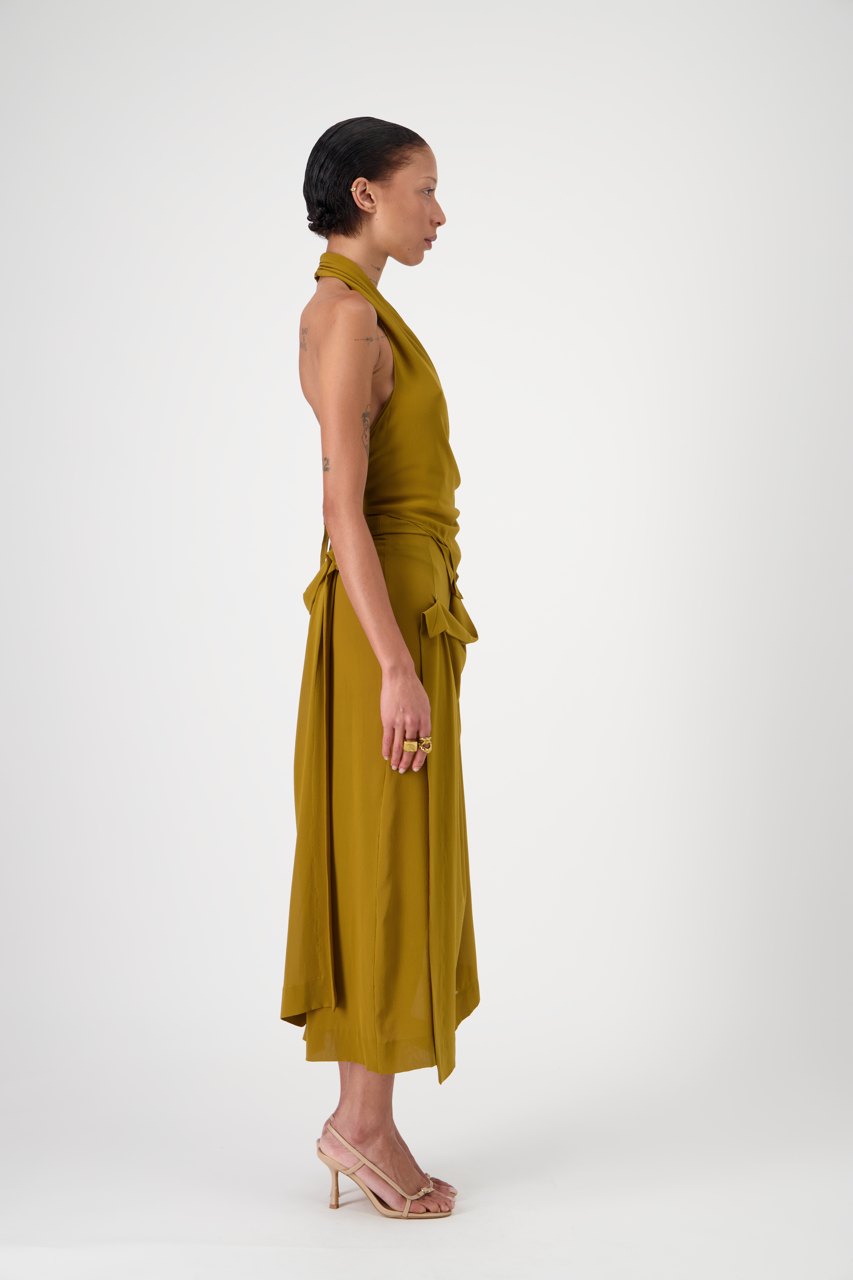 LENNA silk crêpe georgette high-waisted skirt, golden brown, side view on model