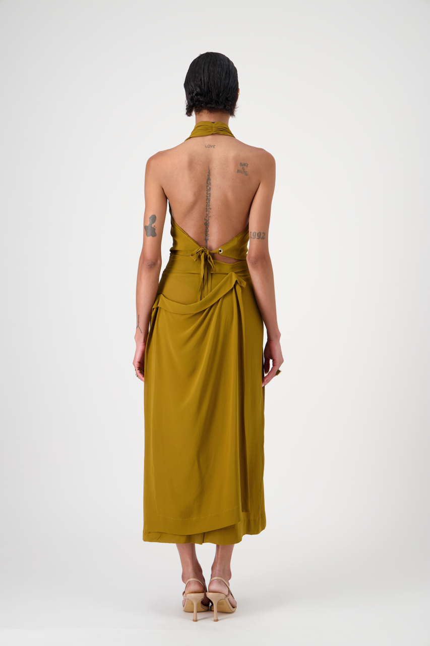 LENNA silk crêpe georgette high-waisted skirt, golden brown, back view on model