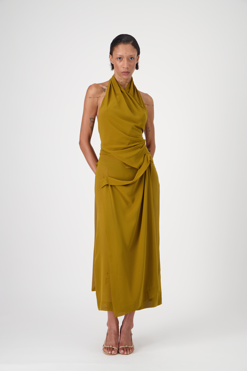 LENNA silk crêpe georgette high-waisted skirt, golden brown, front view on model