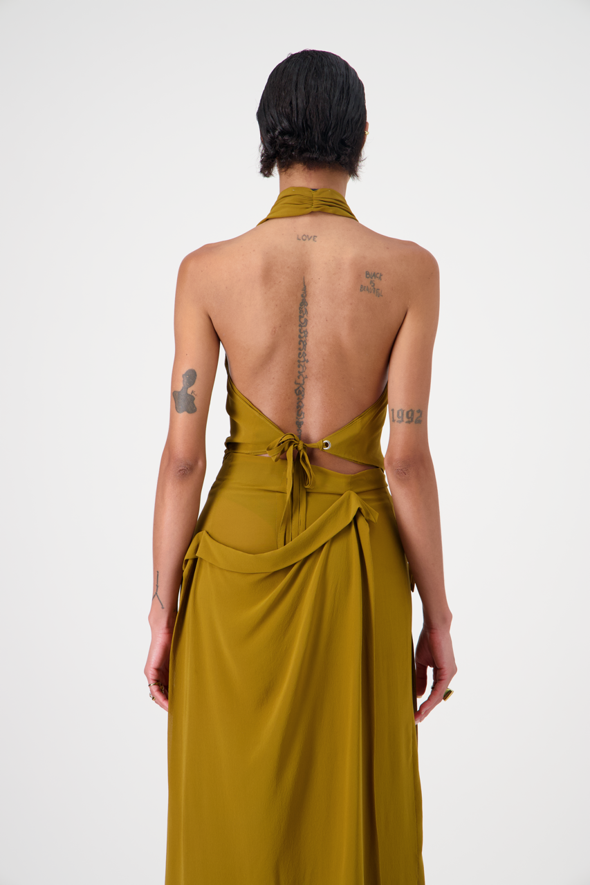 PIPAS golden brown silk crêpe backless wrap top, back view on model