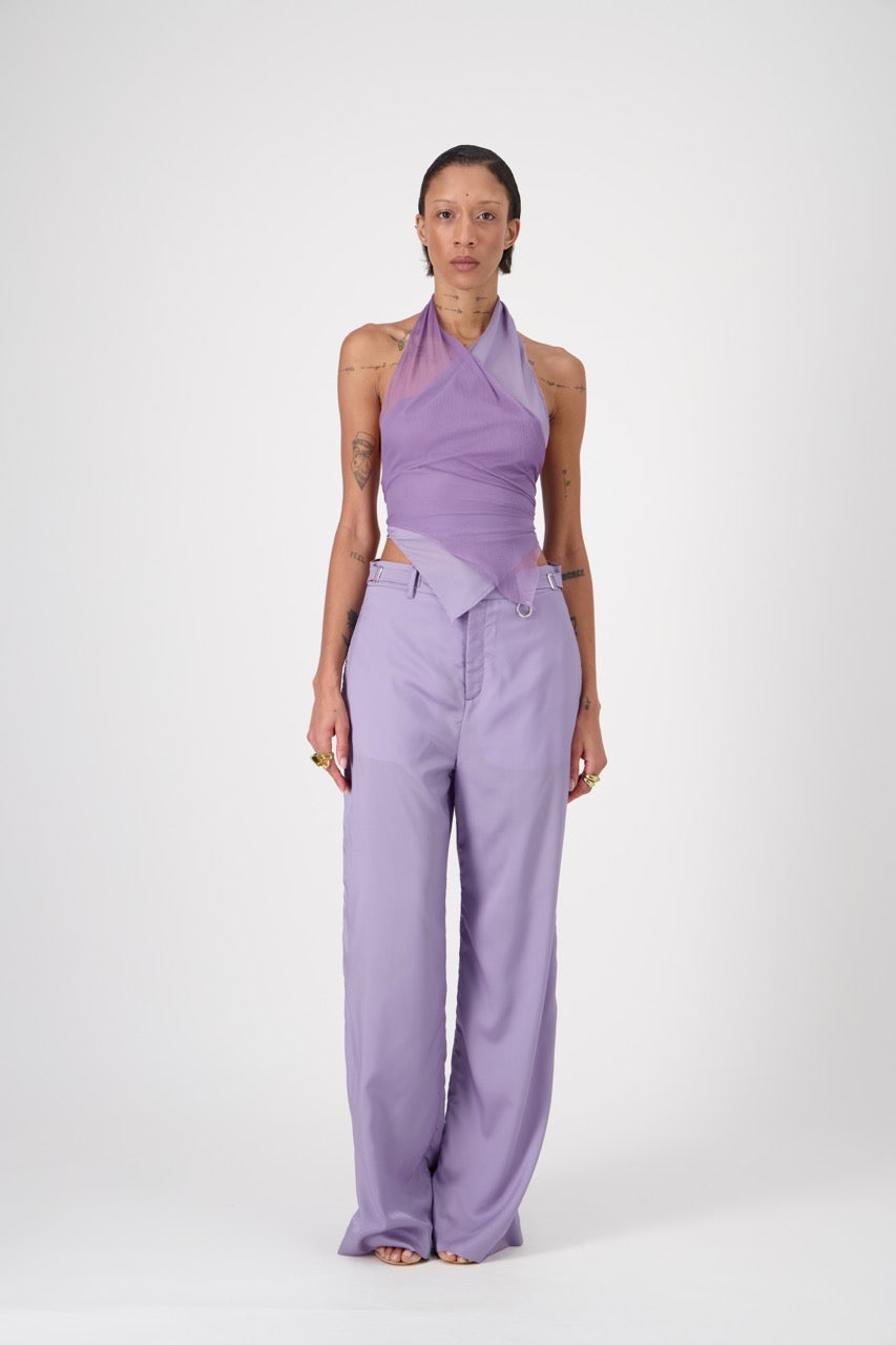 PIPAS fluid twill backless wrap top, wide front view on model