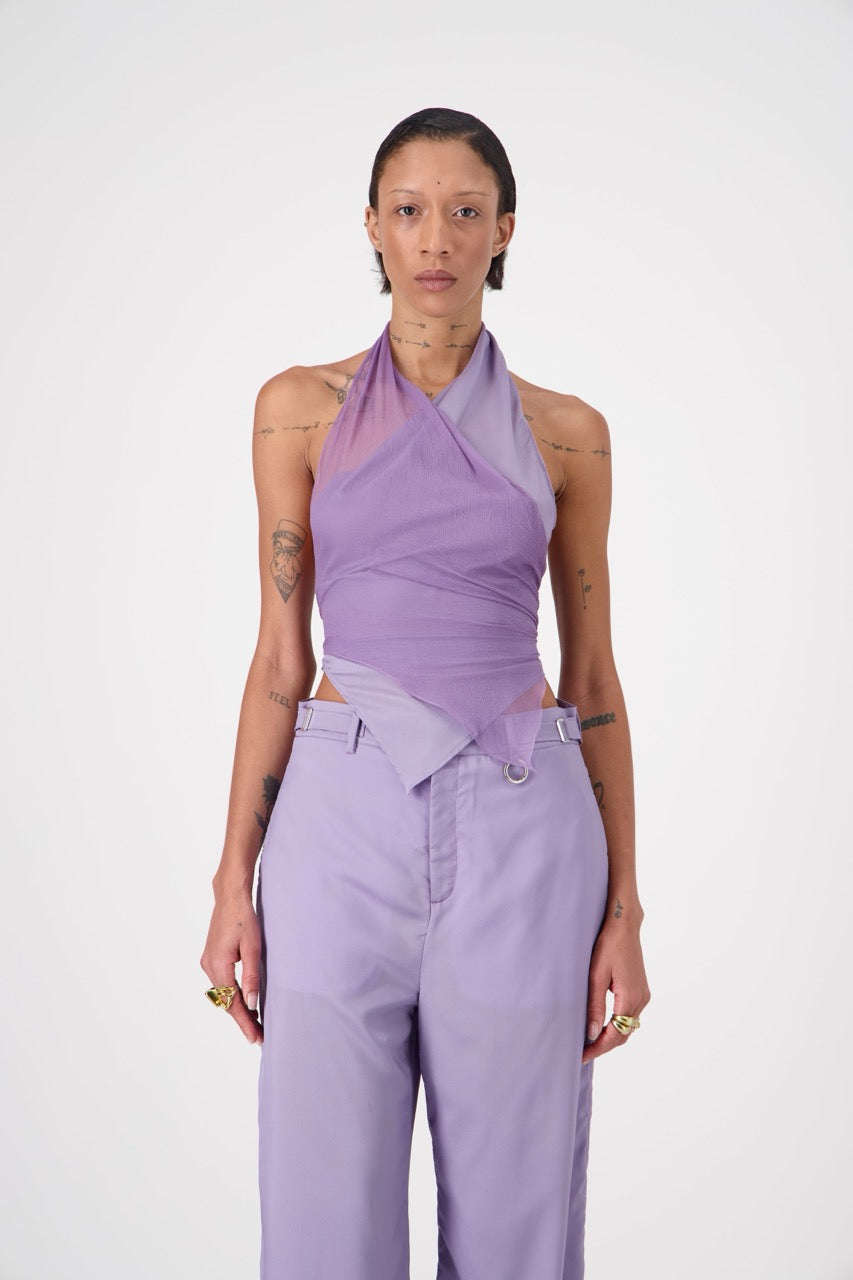 PIPAS fluid twill backless wrap top, front view on model