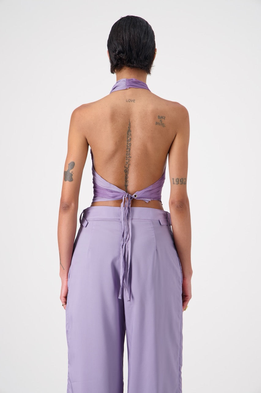 PIPAS fluid twill backless wrap top, back view on model
