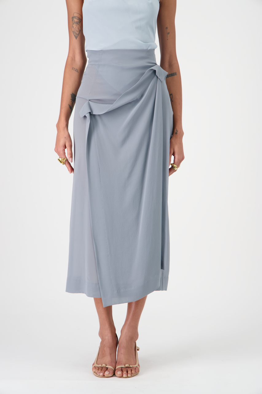 LENNA silk crêpe high-waisted mid-length skirt, front view on model