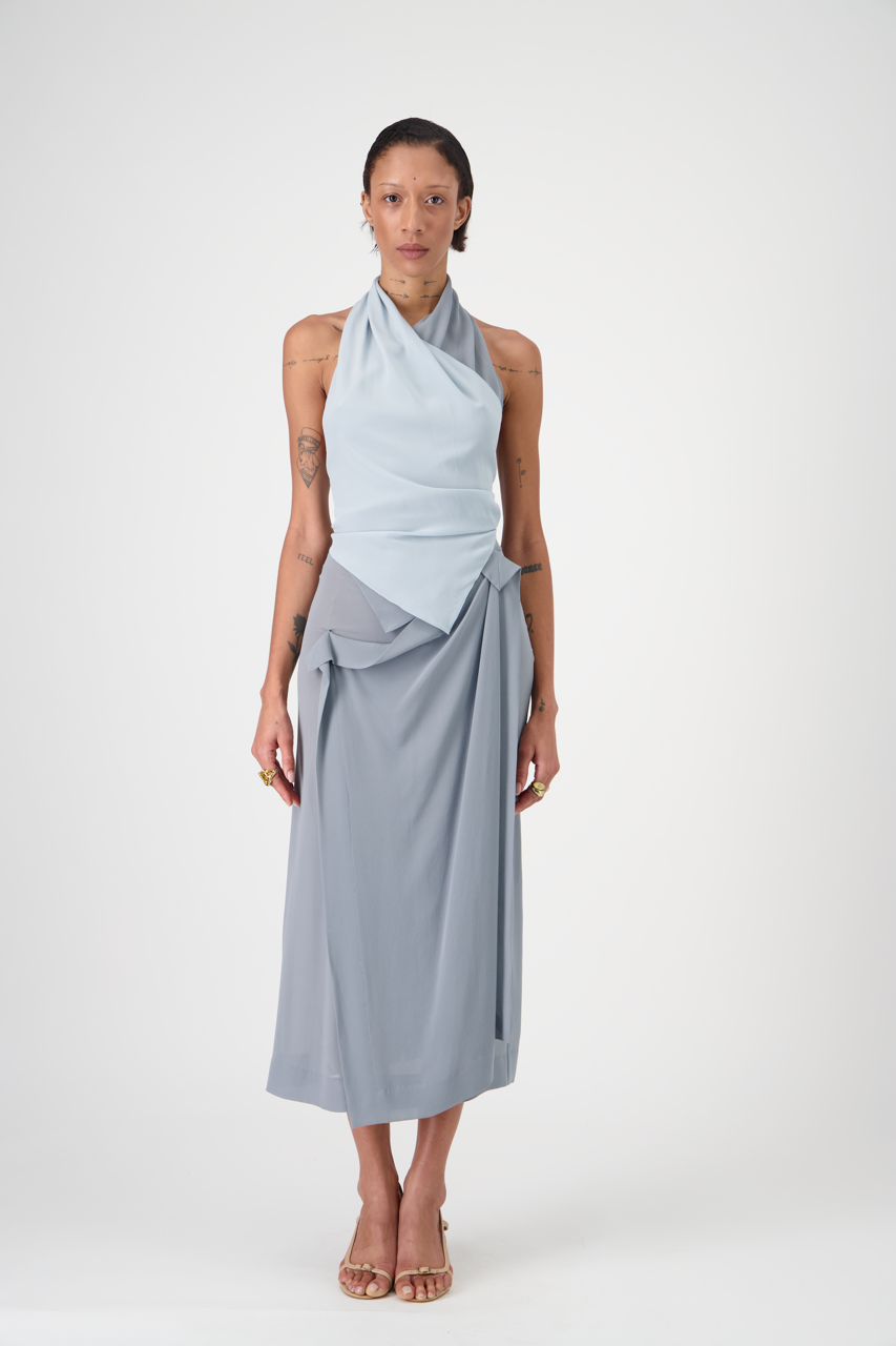 LENNA silk crêpe high-waisted mid-length skirt, front view on model with top