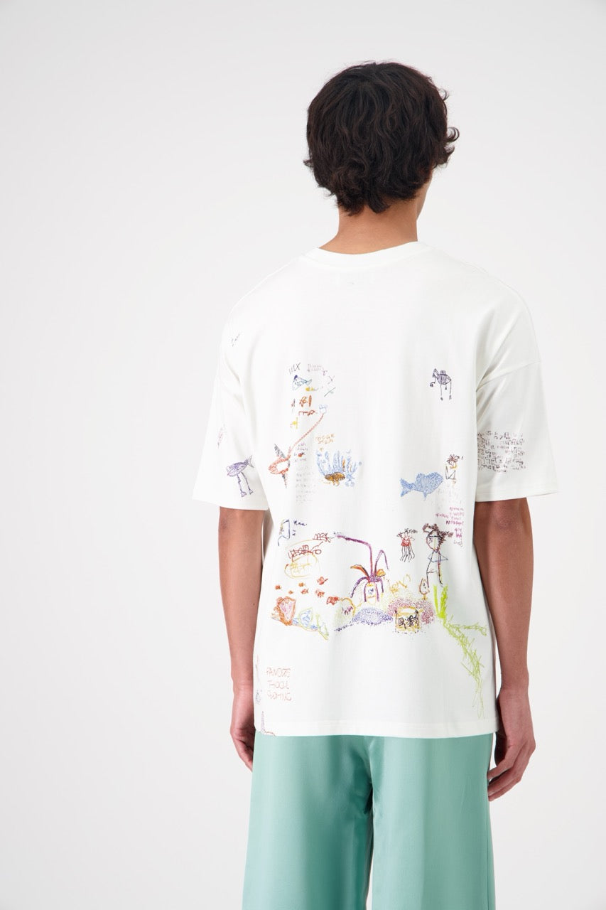 SUN oversized unisex cotton and SeaCell T-shirt, back view on man model, close view