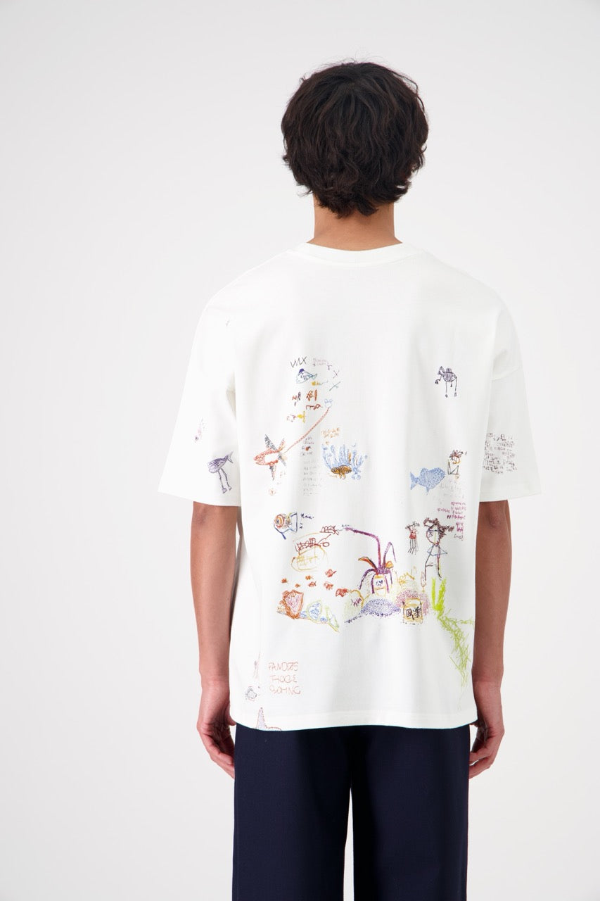 SUN oversized unisex cotton and SeaCell T-shirt, back view on man model, close view, dark pants